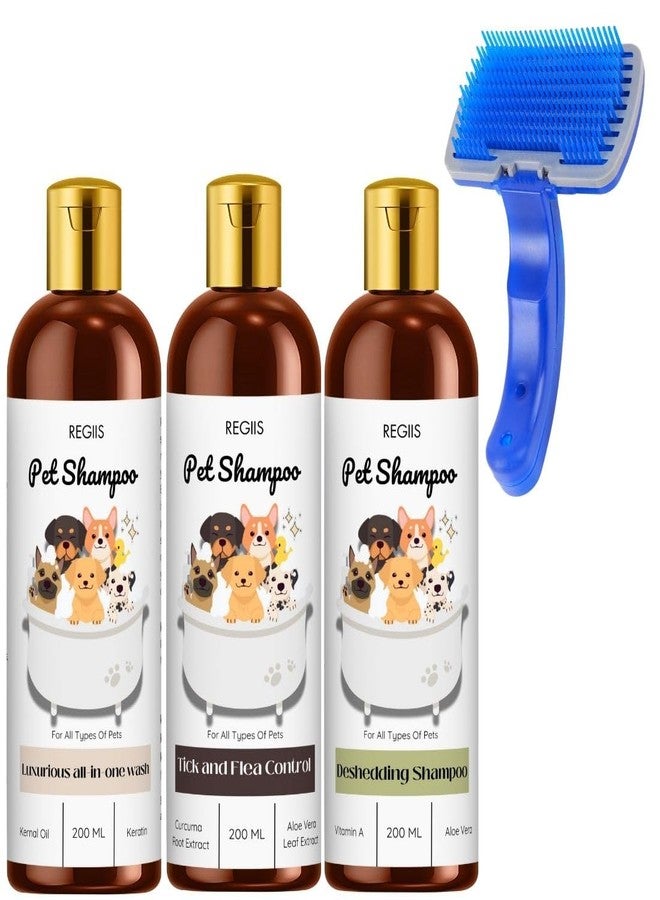REGIIS Pet Shampoo Set with Brush, All-in-One, Tick and Flea Control, Deshedding Formula, 200ml, 4 Pack - Image 1